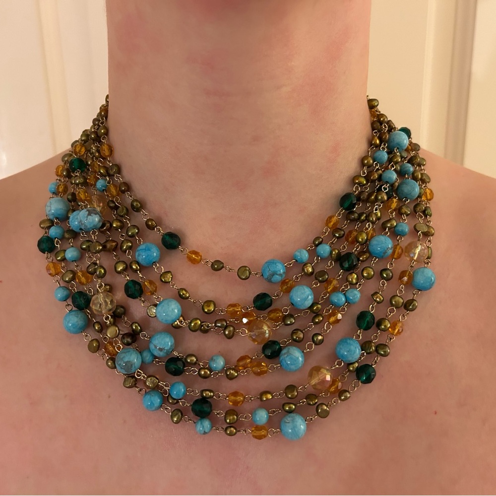 Multi Strand Beaded Necklace Gold Tone Metal, Turquoise, Green & Amber By Sequin